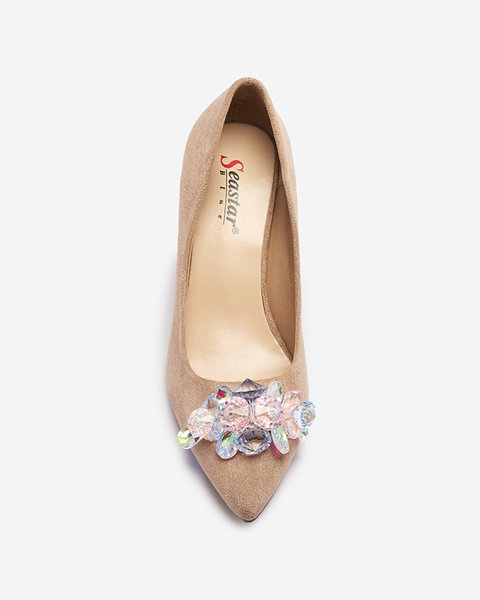 Light brown women's pumps with colored crystals Xitas - Footwear