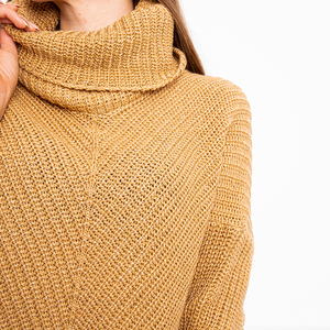 Light brown women's turtleneck short sweater - Clothing