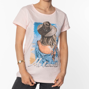 Light pink women's t-shirt with colored print and glitter - Clothing
