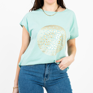 Mint women's cotton t-shirt with gold print PLUS SIZE - Clothing
