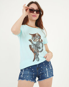 Mint women's t-shirt with a cat's print - Clothing
