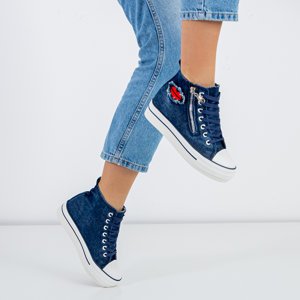 Navy blue women's sneakers on an indoor wedge heel with Edward's patches - Footwear