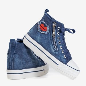 Navy blue women's sneakers on an indoor wedge heel with Edward's patches - Footwear