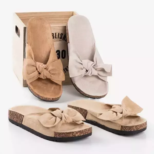 OUTLET Beige eco-suede slippers with a bow Sun and Fun - Footwear