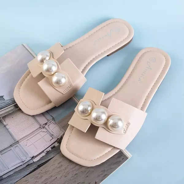 OUTLET Beige women's slippers with pearls Teonilla - Footwear
