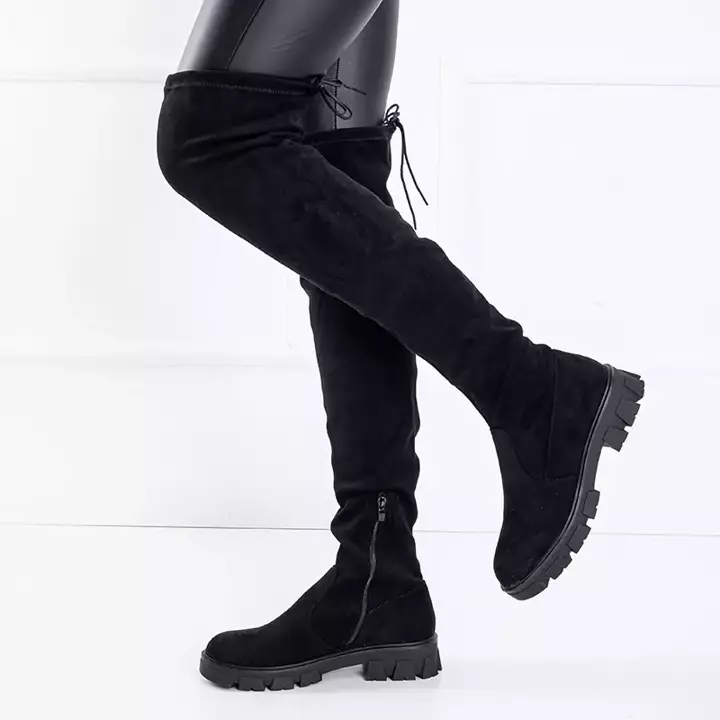 OUTLET Eco - black suede boots with flat heels over the knee. Engi- Shoes