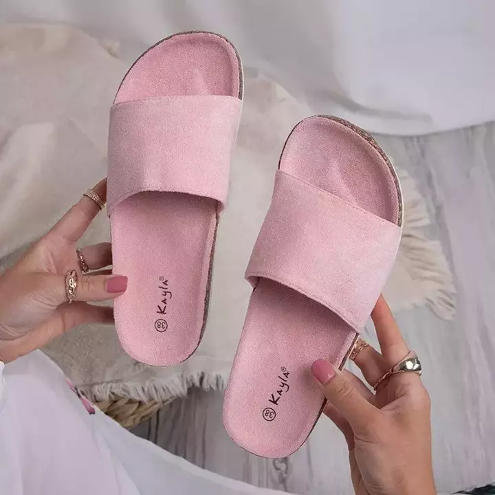 OUTLET Light pink women's eco-suede flip-flops on a flat sole Silveria - Footwear