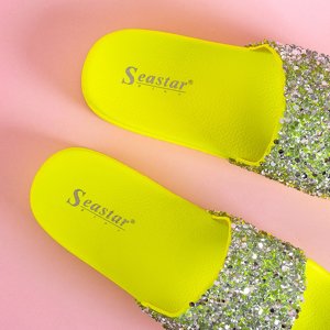 OUTLET Neon green women's slippers with cubic zirconia Aisidora - Footwear