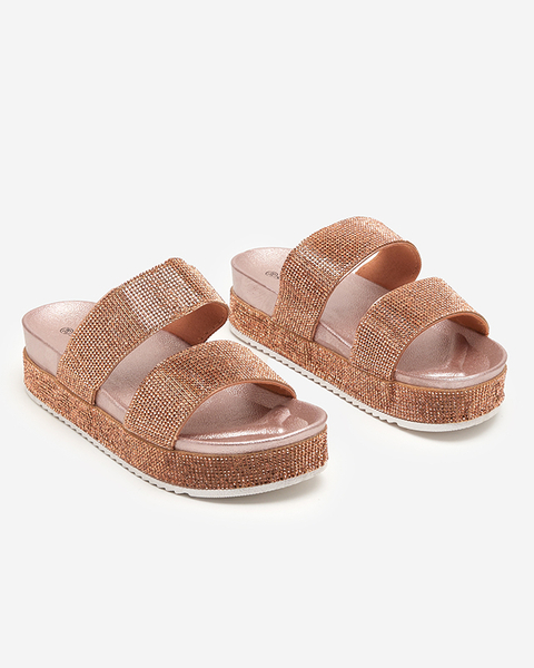 OUTLET Pink and gold women's slippers with cubic zirconias from Slisera - Footwear