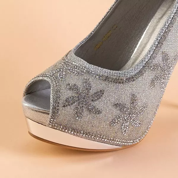 OUTLET Silver brocade women's stilettos with zircons Yilla - Footwear
