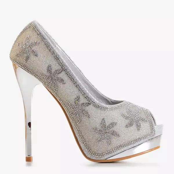 OUTLET Silver brocade women's stilettos with zircons Yilla - Footwear