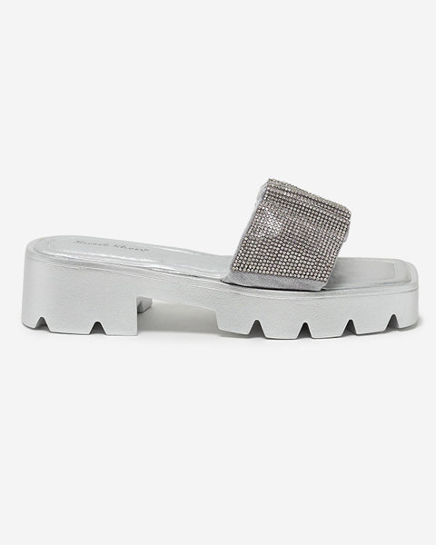 OUTLET Silver women's slippers with cubic zirconias Emkoy - Footwear