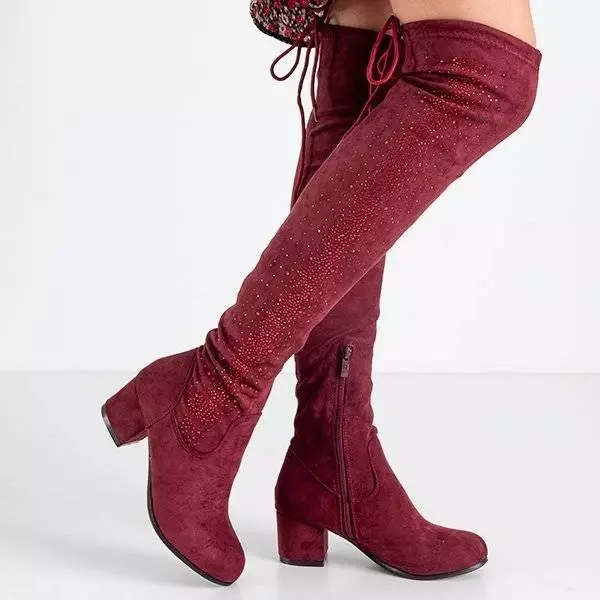 OUTLET Women's burgundy over-the-knee boots with cubic zirconia Scarlett - Footwear