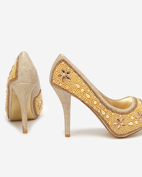 OUTLET Women's gold brocade pumps with zircons and pearls Gitana - Footwear