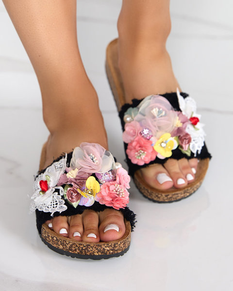 OUTLET Women's slippers with fabric flowers in black Ososi- Shoes