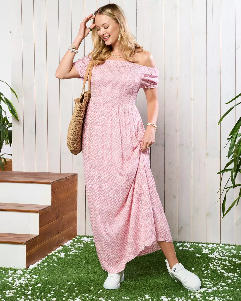 Pink women's patterned midi dress - Clothing