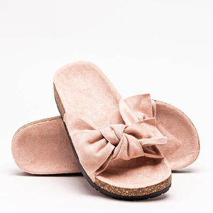 Powder pink women's slippers with a Sun and Fun bow - Footwear