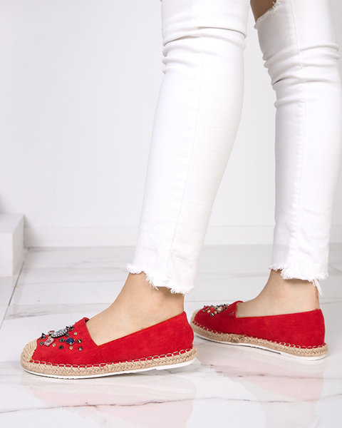 Red women's eco-suede espadrilles with cubic zirconias Mediros - Footwear