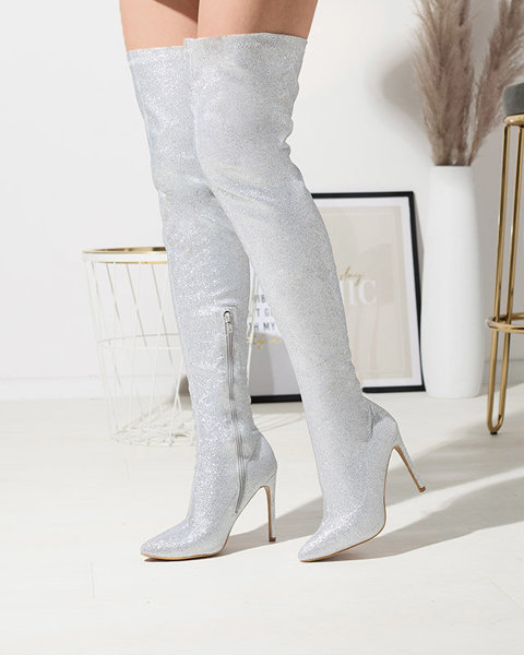 Silver women's over-the-knee boots with glitter Qesda- Footwear
