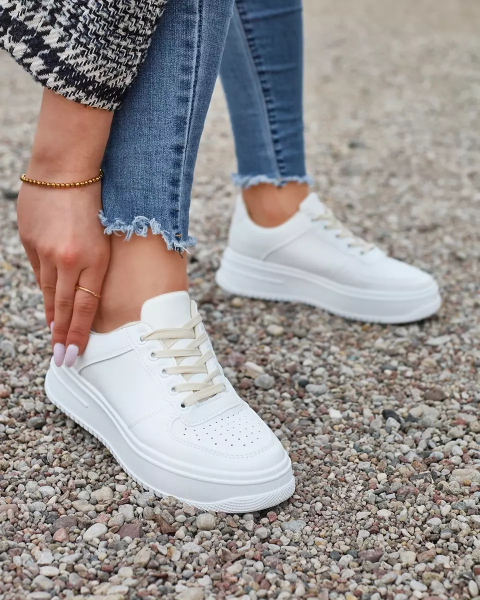 White women's sports sneakers with beige laces Smaffo- Footwear