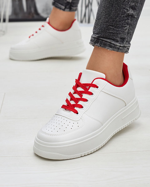White women's sports sneakers with red laces Smaffo- Footwear