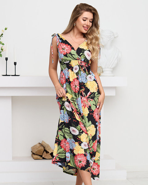 Women's black maxi dress with colorful flowers - Clothing