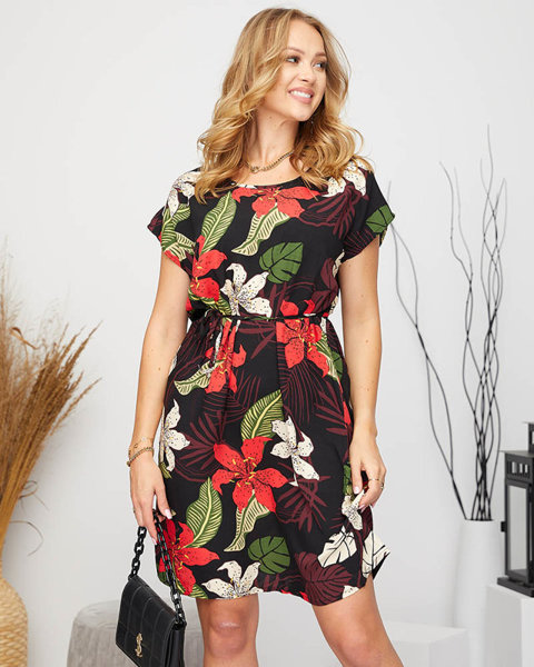 Women's black simple floral dress with a binding at the waist - Clothing