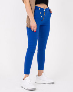 Women's cobalt fabric pants with decorative buttons - Clothing