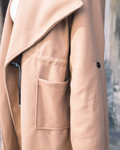 Women's long coat without fasteners in camel color - Clothing