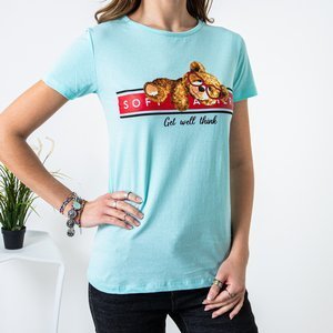 Women's mint cotton T-shirt with print - Clothing