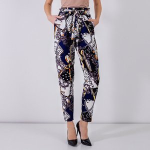 Women's navy blue print trousers - Clothing