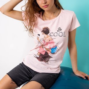 Women's pink cotton t-shirt with a print - Clothing