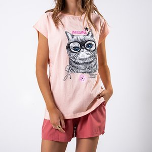 Women's pink cotton t-shirt with a print - Clothing