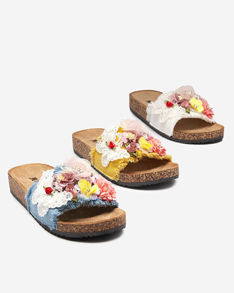 Women's slippers with fabric flowers in white Ososi- Footwear